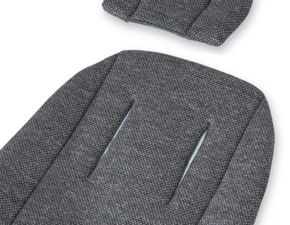 Stroller seat inserts made with grey and white pindot fabric.