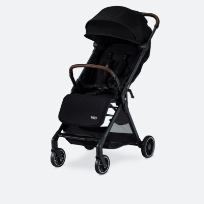 Black toddler and baby stroller with brown leatherette wrapping on the bumper bar.