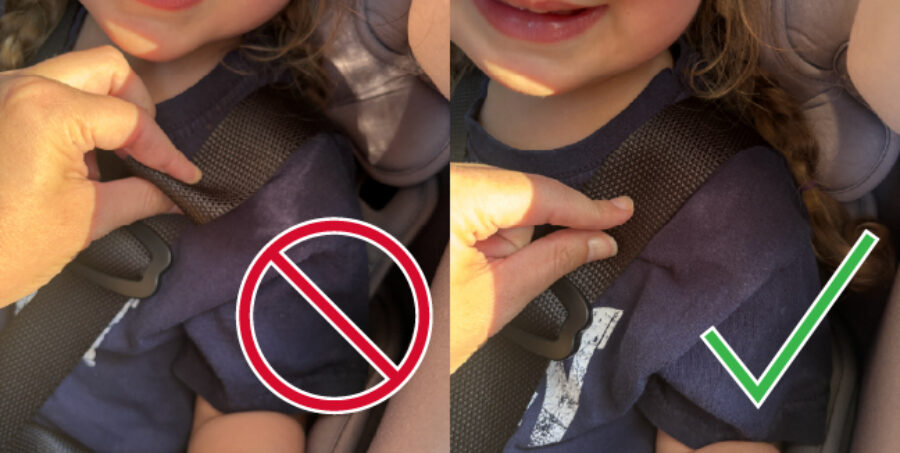 Person demonstrating the pinch test on a loose harness versus a snug harness on a child