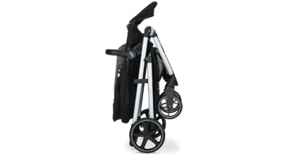 A folded baby stroller.