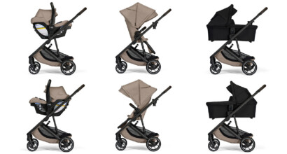 A stroller in 6 configurations: parent-facing and forward-facing infant car seat, toddler seat, and bassinet modes.