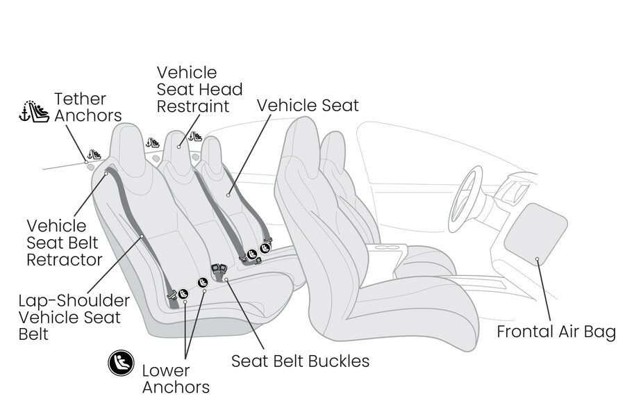 A diagram identifying tether anchors, lower anchors, and other vehicle parts relevant to car seat installation.