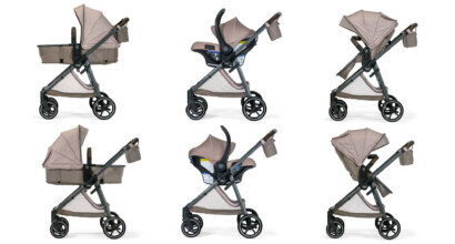 A baby travel system in six different strolling configurations.