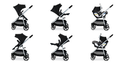 A baby stroller in six configurations: forward-facing and parent-facing baby mode, toddler mode, and travel system mode.