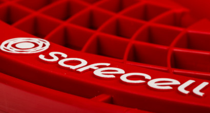 SafeCell car seat technology. Red square-shaped cells with the SafeCell logo.