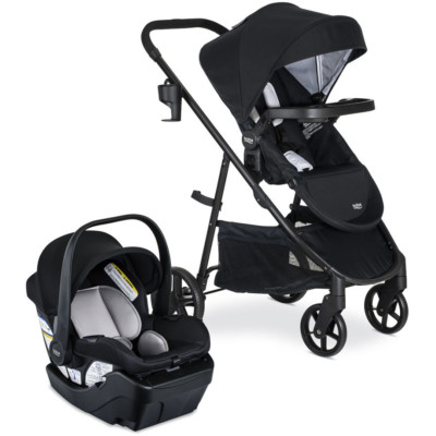 Right side view of a black baby stroller next to a black infant car seat with grey padding.