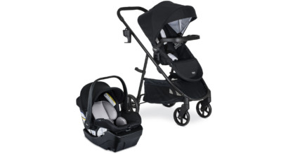 Right side view of a black baby stroller next to a black infant car seat with grey padding.