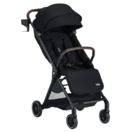 Black toddler and baby stroller with brown leatherette wrapping on the bumper bar. The stroller has a canopy and a storage basket.