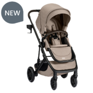 New. A tan stroller with a canopy, a brown bumper bar, a cup holder, and the Britax logo on the leg rest.