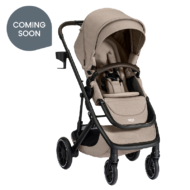 Coming soon. A tan stroller with a canopy, a brown bumper bar, a cup holder, and the Britax logo on the leg rest.