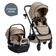 Coming soon. A tan stroller and infant car seat on a car seat base.