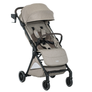 Tan toddler and baby stroller with brown leatherette wrapping on the bumper bar. The stroller has a canopy and a storage basket.
