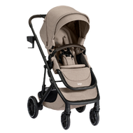 A tan stroller with a canopy, a brown bumper bar, a cup holder, and the Britax logo on the leg rest.