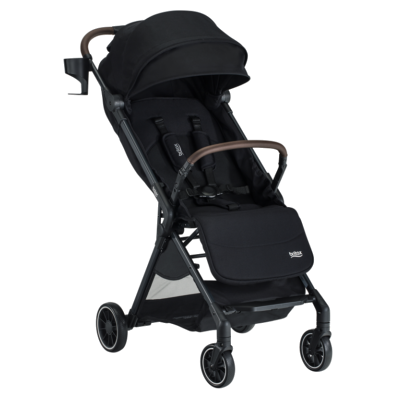 Black toddler and baby stroller with brown leatherette wrapping on the bumper bar. The stroller has a canopy and a storage basket.