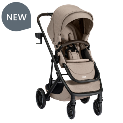 New. A tan stroller with a canopy, a brown bumper bar, a cup holder, and the Britax logo on the leg rest.