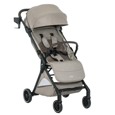 Tan toddler and baby stroller with brown leatherette wrapping on the bumper bar. The stroller has a canopy and a storage basket.