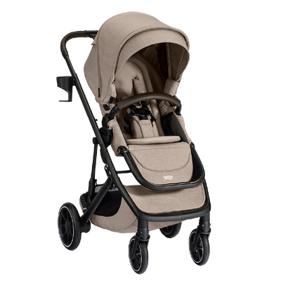 A tan stroller with a canopy, a brown bumper bar, a cup holder, and the Britax logo on the leg rest.