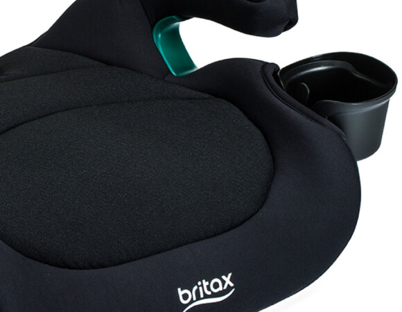 A backless booster car seat with a black cover and contoured sew lines. ​