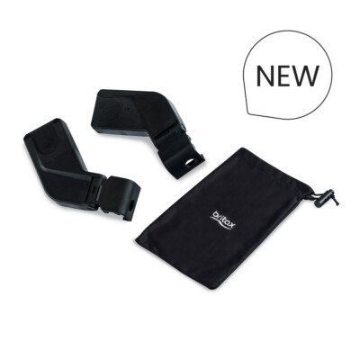 New. A pair of black infant car seat adapters for a stroller with a black drawstring bag.
