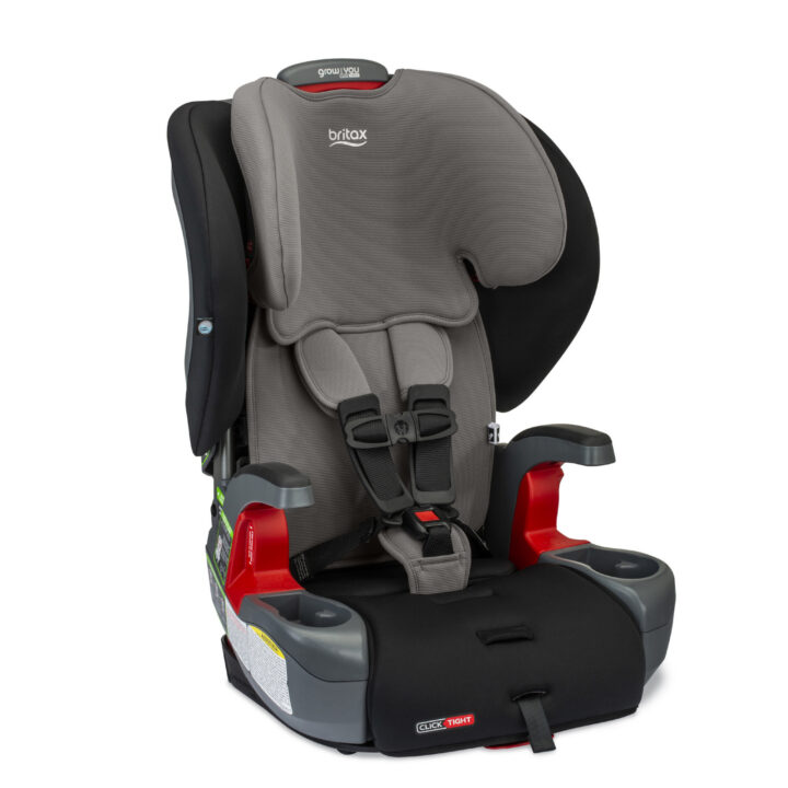 Right side view of a Britax harness-2-booster car seat with a grey and black cover, two cup holders, and armrests