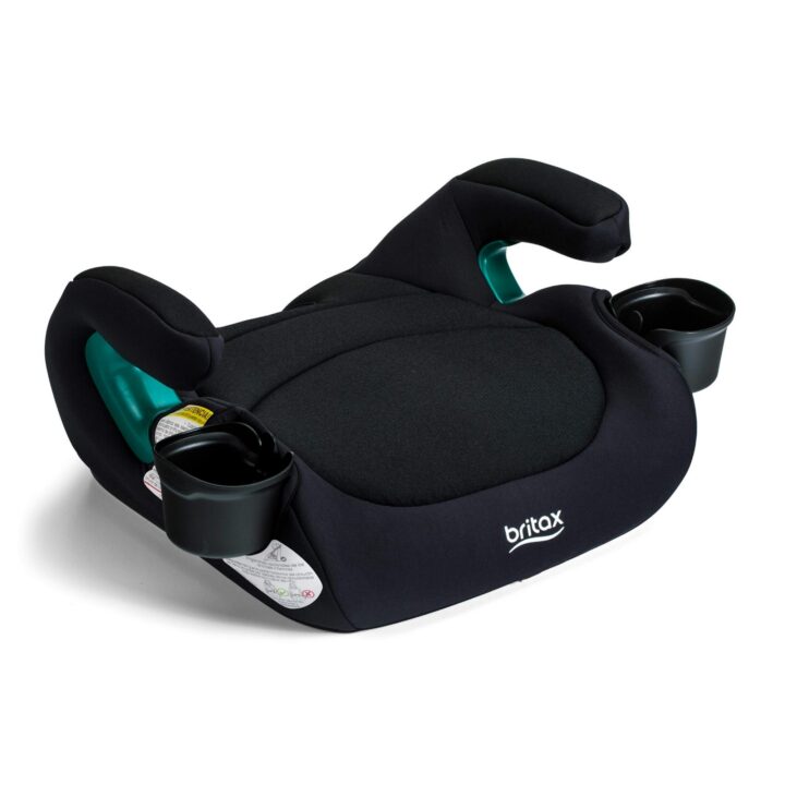 A Britax backless booster car seat with a black cover, armrests, and two cup holders.
