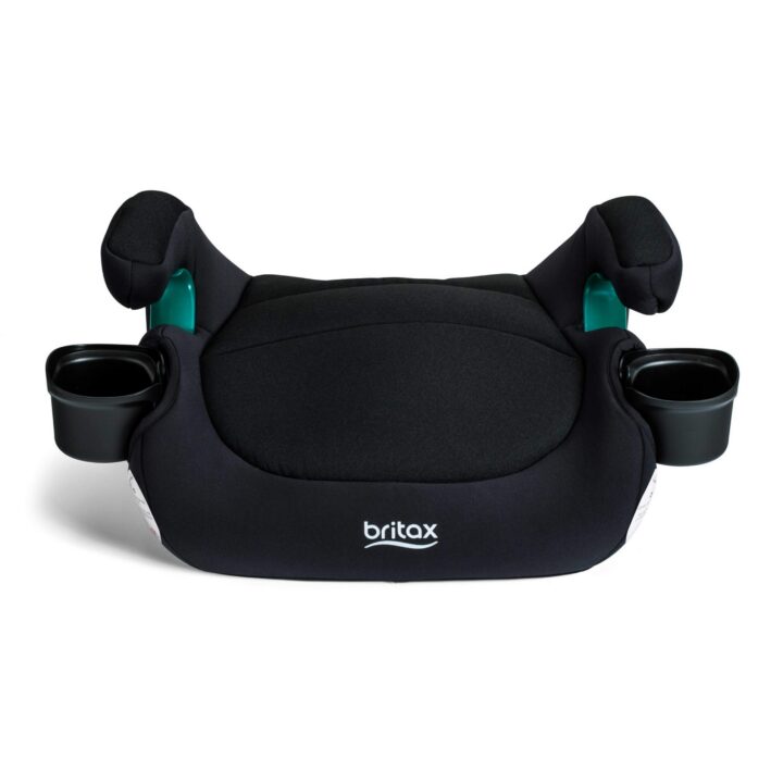 A backless booster car seat with a black cover, armrests,  the Britax logo, and two cup holders. ​