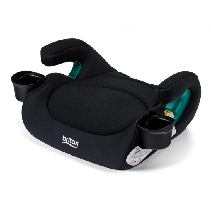 A backless booster car seat with a black cover, armrests,  the Britax logo, and two cup holders. ​