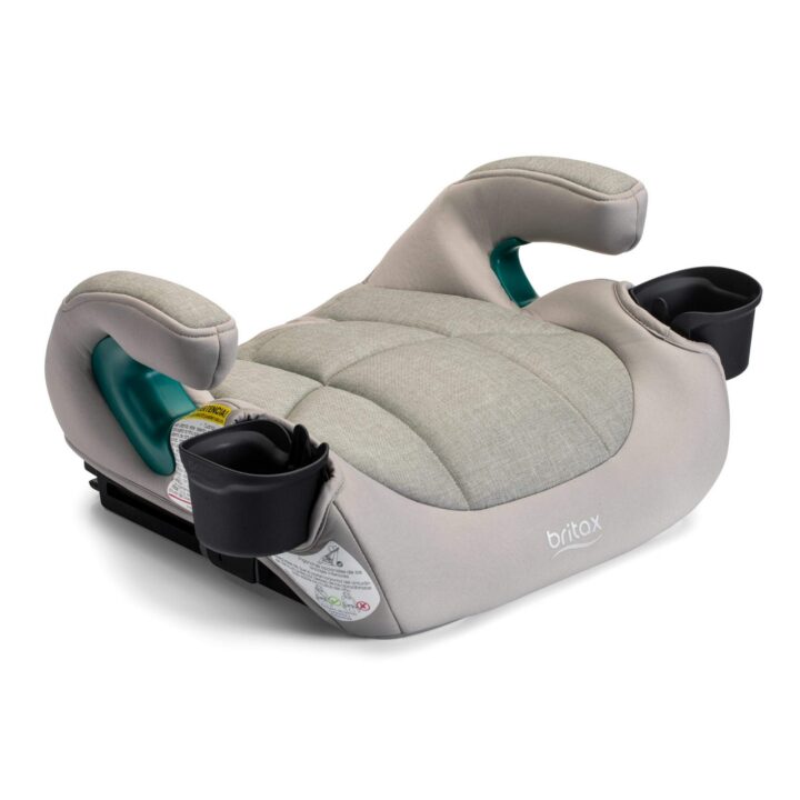 A backless booster car seat with a beige cover. The cover features mélange accents with contoured sew lines.