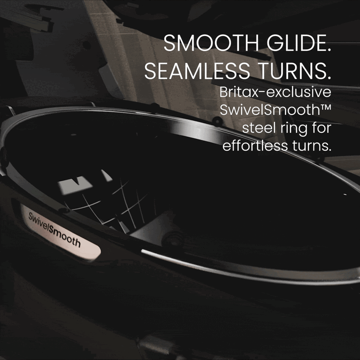 Smooth glide. Seamless turns. Britax-exclusive SwivelSmooth steel ring for effortless turns.