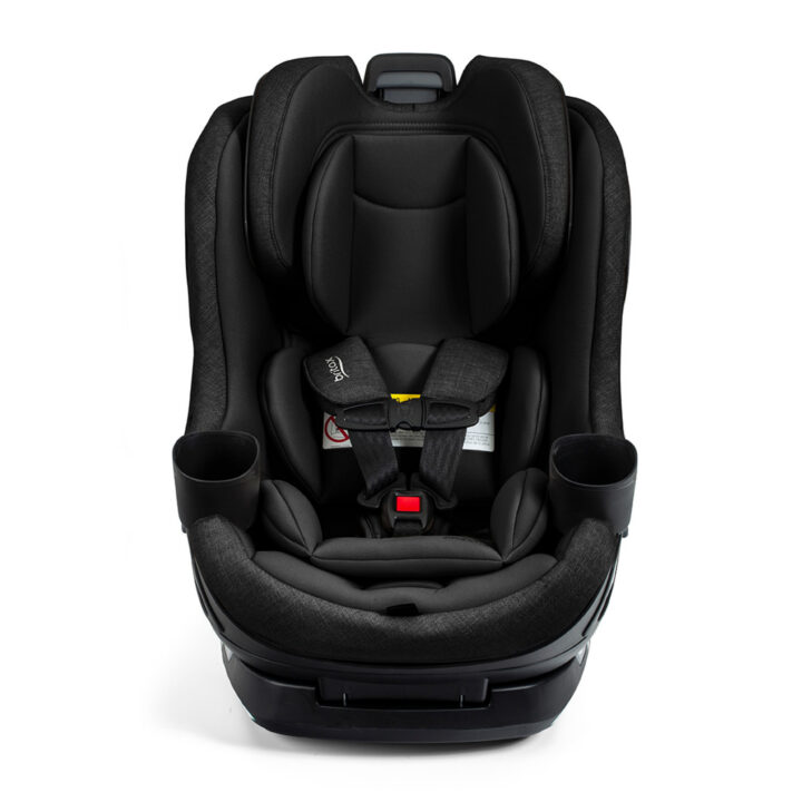 Front-facing view of a black rotating convertible car seat with the Britax logo on the harness pad.