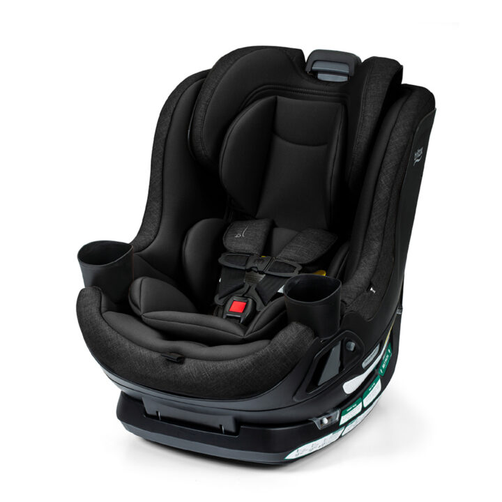 A black rotating convertible car seat with two cup holders and a 5-point harness.