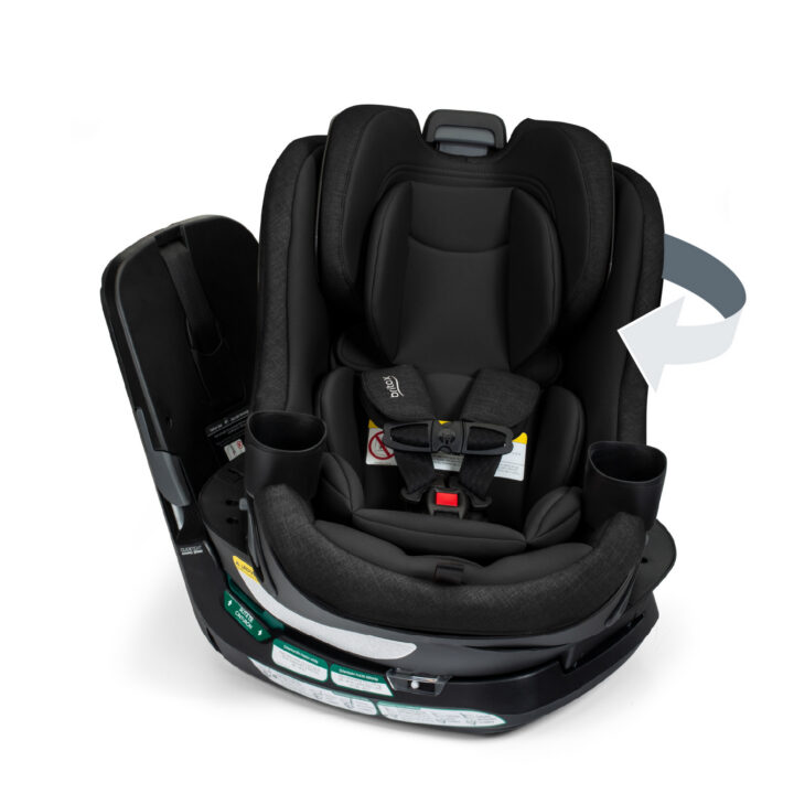 A black rotating convertible car seat with the Britax logo on the harness pad.