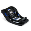 An infant car seat base with several white and blue instruction labels and a blue belt path.
